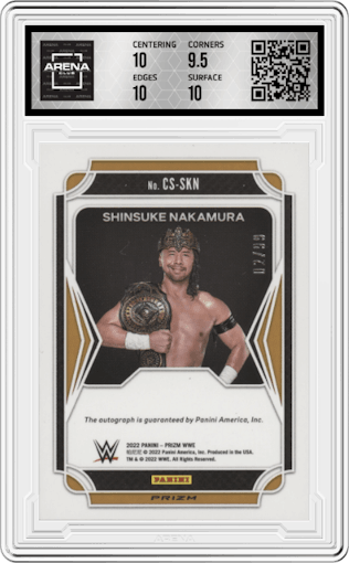 Shinsuke Nakamura  from the 2022 Panini Prizm WWE set featuring a Red Prizm parallel graded by Arena Club and given an overall grade of 10.