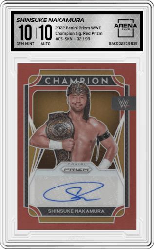 Shinsuke Nakamura  from the 2022 Panini Prizm WWE set featuring a Red Prizm parallel graded by Arena Club and given an overall grade of 10.