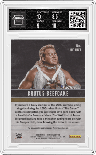 Brutus Beefcake from the 2023 Panini Chronicles WWE set featuring a Blue parallel graded by Arena Club and given an overall grade of 9.
