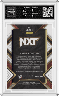 Kayden Carter from the 2023 Panini Select WWE set featuring a Blue Prizm parallel graded by Arena Club and given an overall grade of 9.5.