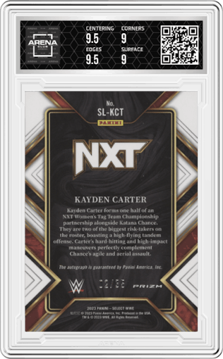 Kayden Carter from the 2023 Panini Select WWE set featuring a Blue Prizm parallel graded by Arena Club and given an overall grade of 9.5.
