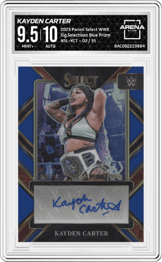 Kayden Carter from the 2023 Panini Select WWE set featuring a Blue Prizm parallel graded by Arena Club and given an overall grade of 9.5.