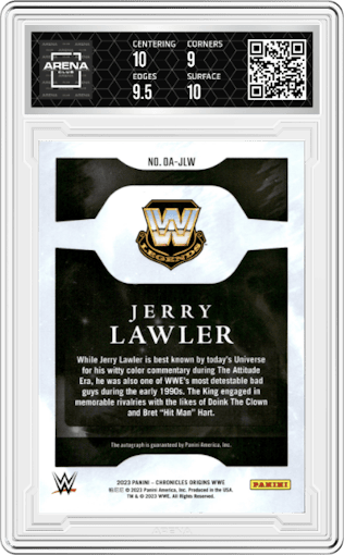 Jerry Lawler from the 2023 Panini Chronicles WWE set featuring a Silver Holo parallel graded by Arena Club and given an overall grade of 9.5.