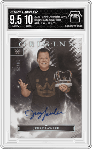 Jerry Lawler from the 2023 Panini Chronicles WWE set featuring a Silver Holo parallel graded by Arena Club and given an overall grade of 9.5.