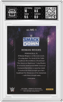 Roman Reigns from the 2023 Panini Chronicles WWE set graded by Arena Club and given an overall grade of 9.
