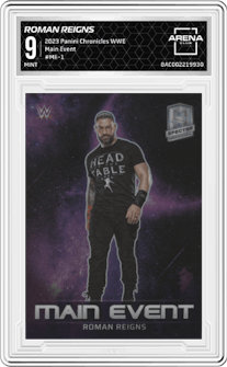 Roman Reigns from the 2023 Panini Chronicles WWE set graded by Arena Club and given an overall grade of 9.