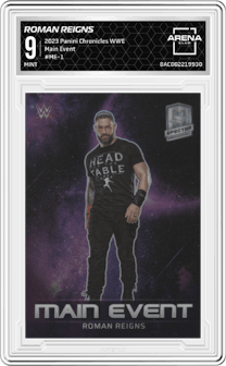 Roman Reigns from the 2023 Panini Chronicles WWE set and given an overall grade of 9.