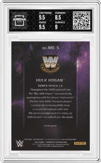 Hulk Hogan from the 2023 Panini Chronicles WWE set graded by Arena Club and given an overall grade of 9.