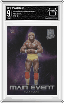 Hulk Hogan from the 2023 Panini Chronicles WWE set graded by Arena Club and given an overall grade of 9.
