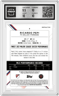 Ricardo Pepi from the 2022 Topps Finest MLS set featuring a Refractor parallel graded by Arena Club and given an overall grade of 10.
