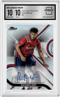Ricardo Pepi from the 2022 Topps Finest MLS set featuring a Refractor parallel graded by Arena Club and given an overall grade of 10.