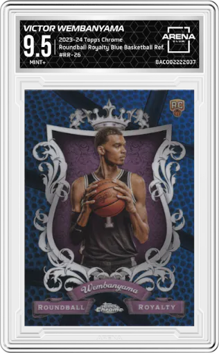 Victor Wembanyama from the 2023-24 Topps Chrome set featuring a Blue Basketball Refractor parallel graded by Arena Club and given an overall grade of 9.5.