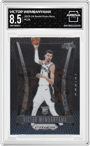 Victor Wembanyama from the 2023-24 Panini Prizm Deca set graded by Arena Club and given an overall grade of 8.5.