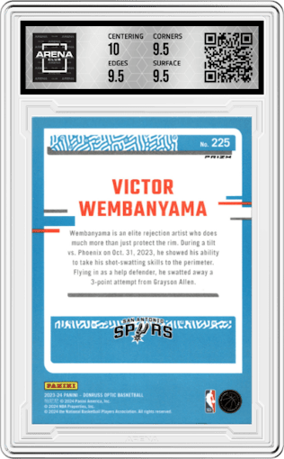 Victor Wembanyama from the 2023-24 Donruss Optic set featuring a Hyper Green parallel graded by Arena Club and given an overall grade of 10.