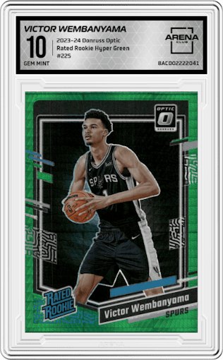Victor Wembanyama from the 2023-24 Donruss Optic set featuring a Hyper Green parallel graded by Arena Club and given an overall grade of 10.