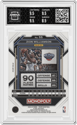 Zion Williamson from the 2022-23 Panini Prizm Monopoly set featuring a Silver Prizm parallel graded by Arena Club and given an overall grade of 9.