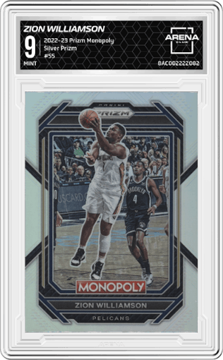 Zion Williamson from the 2022-23 Panini Prizm Monopoly set featuring a Silver Prizm parallel graded by Arena Club and given an overall grade of 9.