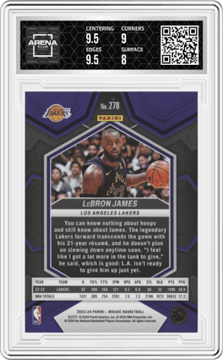 LeBron James  from the 2023-24 Panini Mosaic set graded by Arena Club and given an overall grade of 8.5.
