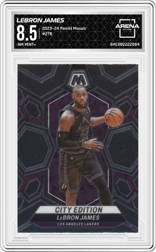 LeBron James  from the 2023-24 Panini Mosaic set graded by Arena Club and given an overall grade of 8.5.
