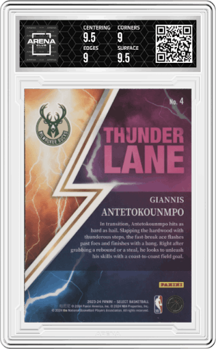 Giannis Antetokounmpo from the 2023-24 Panini Select  set graded by Arena Club and given an overall grade of 9.5.