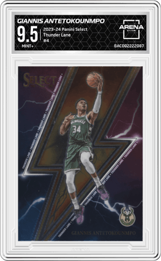 Giannis Antetokounmpo from the 2023-24 Panini Select  set graded by Arena Club and given an overall grade of 9.5.