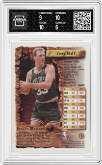 Larry Bird from the 1993-94 Topps Finest  set graded by Arena Club and given an overall grade of 6.5.