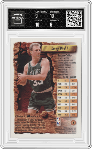 Larry Bird from the 1993-94 Topps Finest  set graded by Arena Club and given an overall grade of 6.5.