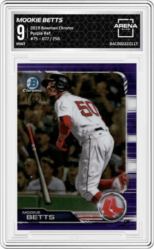 Mookie Betts from the 2019 Bowman Chrome set featuring a Purple Refractor parallel graded by Arena Club and given an overall grade of 9.
