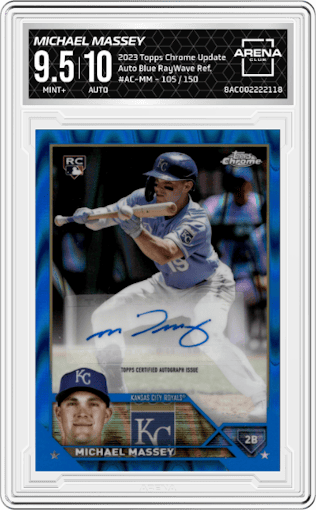 Michael Massey from the 2023 Topps Chrome Update set featuring a Blue RayWave Refractor parallel graded by Arena Club and given an overall grade of 9.5.