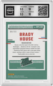 Brady House from the 2023 Panini Donruss set featuring a Purple parallel graded by Arena Club and given an overall grade of 10.