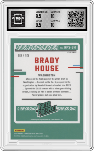 Brady House from the 2023 Panini Donruss set featuring a Purple parallel graded by Arena Club and given an overall grade of 10.
