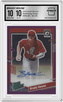 Brady House from the 2023 Panini Donruss set featuring a Purple parallel graded by Arena Club and given an overall grade of 10.