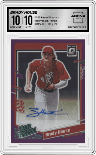 Brady House from the 2023 Panini Donruss set featuring a Purple parallel graded by Arena Club and given an overall grade of 10.