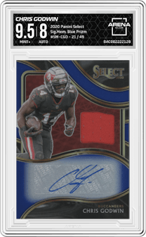 Chris Godwin from the 2020 Panini Select set featuring a Blue Prizm parallel graded by Arena Club and given an overall grade of 9.5.