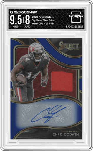 Chris Godwin from the 2020 Panini Select set featuring a Blue Prizm parallel graded by Arena Club and given an overall grade of 9.5.