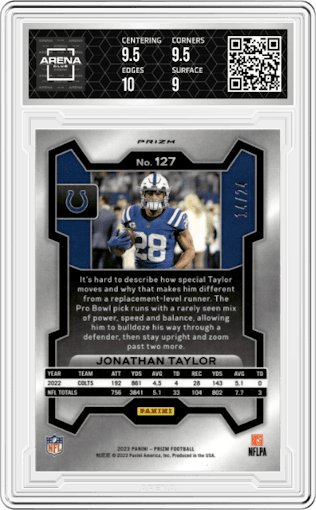 Jonathan Taylor from the 2023 Panini Prizm set featuring a Gold Sparkle parallel graded by Arena Club and given an overall grade of 9.5.