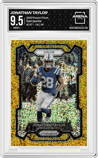Jonathan Taylor from the 2023 Panini Prizm set featuring a Gold Sparkle parallel graded by Arena Club and given an overall grade of 9.5.