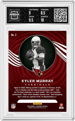 Kyler Murray from the 2023 Panini Illusions set featuring a Trophy Collection Black parallel graded by Arena Club and given an overall grade of 9.