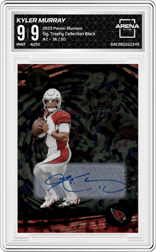 Kyler Murray from the 2023 Panini Illusions set featuring a Trophy Collection Black parallel graded by Arena Club and given an overall grade of 9.