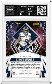 Kenneth Walker III from the 2023 Panini Phoenix set featuring a Pink parallel graded by Arena Club and given an overall grade of 9.5.