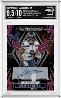 Kenneth Walker III from the 2023 Panini Phoenix set featuring a Pink parallel graded by Arena Club and given an overall grade of 9.5.