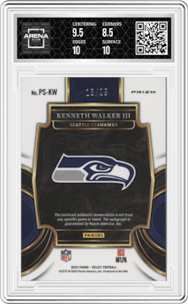 Kenneth Walker III from the 2022 Panini Select set featuring a Tie-Dye parallel graded by Arena Club and given an overall grade of 9.