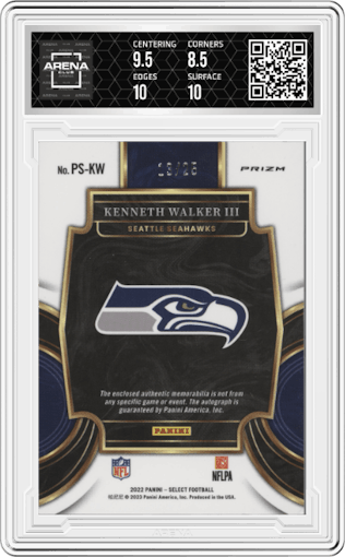Kenneth Walker III from the 2022 Panini Select set featuring a Tie-Dye parallel graded by Arena Club and given an overall grade of 9.