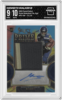 Kenneth Walker III from the 2022 Panini Select set featuring a Tie-Dye parallel graded by Arena Club and given an overall grade of 9.