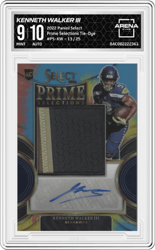 Kenneth Walker III from the 2022 Panini Select set featuring a Tie-Dye parallel graded by Arena Club and given an overall grade of 9.