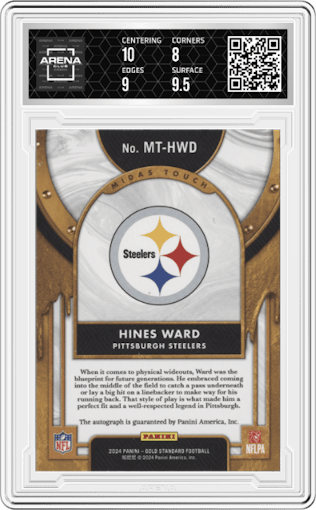 Hines Ward from the 2024 Panini Gold Standard set featuring a White Gold parallel graded by Arena Club and given an overall grade of 8.5.