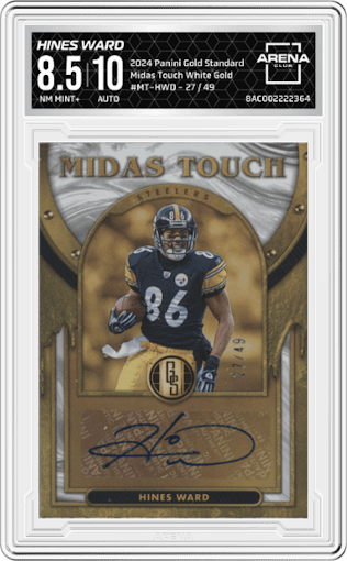 Hines Ward from the 2024 Panini Gold Standard set featuring a White Gold parallel graded by Arena Club and given an overall grade of 8.5.
