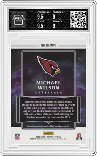 Michael Wilson from the 2023 Panini Origins set featuring a Turquoise parallel graded by Arena Club and given an overall grade of 9.5.