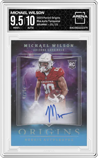Michael Wilson from the 2023 Panini Origins set featuring a Turquoise parallel graded by Arena Club and given an overall grade of 9.5.