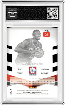 Joel Embiid from the 2014-15 Panini Donruss  set featuring a Die-Cut Purple parallel graded by Arena Club and given an overall grade of 0.